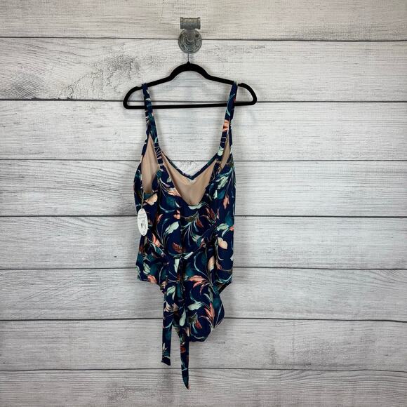 Mynah Plus Size Navy Lush Leaf Printed One Piece Swimsuit Size 24W - Picture 7 of 10
